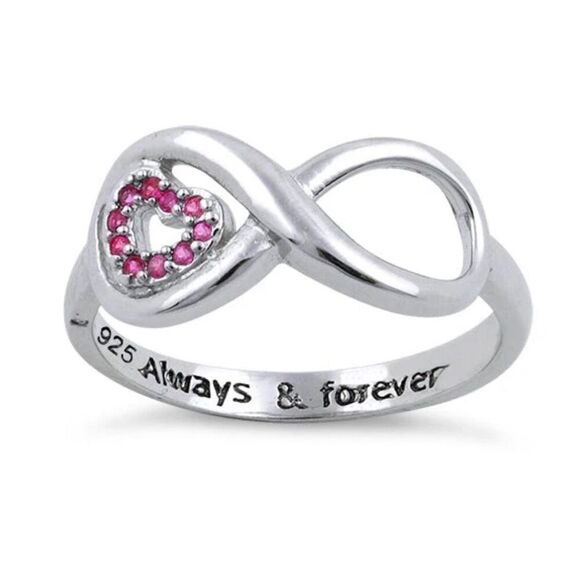 Sterling Silver Infinity Ruby Heart "Always & Forever" Engraved CZ Ring - Picture 2 of 4